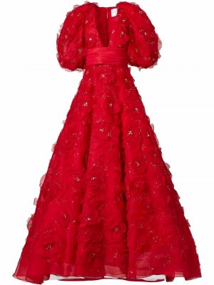 Платье с объемными рукавами и цветочным узором Carolina Herrera. Цвет: красный