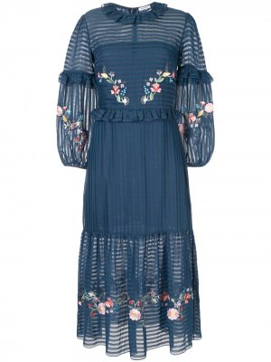 Платье с цветочной вышивкой и оборками Vilshenko. Цвет: синий