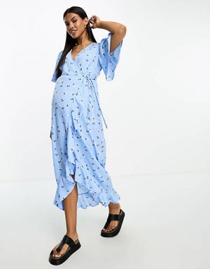 Синее чайное платье макси с запахом спереди для беременных цветочным принтом Vero Moda