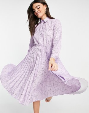 Сиреневое плиссированное платье миди с блестящими пуговицами и узором в горошек -Фиолетовый цвет Closet London