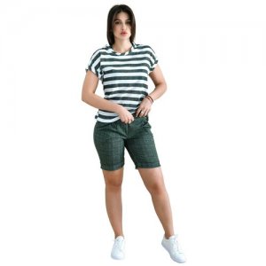 Домашний костюм женский летний / спортивный легкий комплект футболка, шорты 48р. Зеленый НСД. Цвет: хаки/белый/зеленый