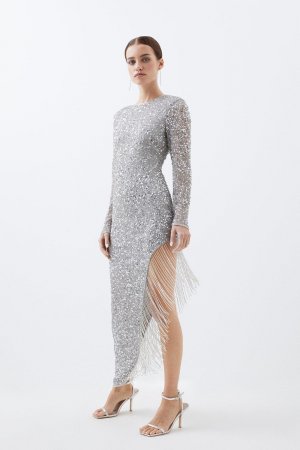 Тканое платье миди Petite до бедра с высоким разрезом и бахромой, серебро Karen Millen