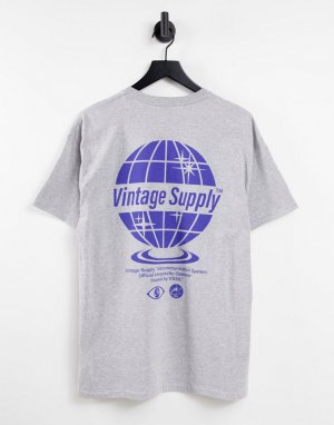 Серая футболка с принтом земного шара логотипом на спине -Серый Vintage Supply