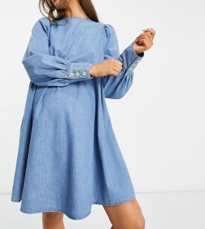 Платье из мягкого выбеленного денима с присборенной юбкой и пышными рукавами ASOS DESIGN Maternity-Голубой Maternity