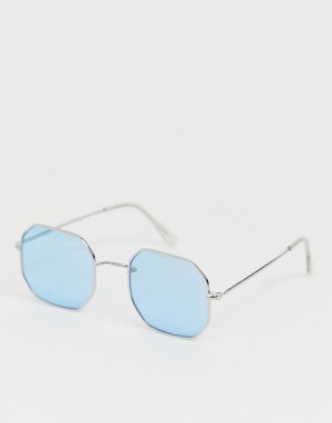 Солнцезащитные очки в серебристой оправе с голубыми шестигранными стеклами -Серебряный Jack & Jones