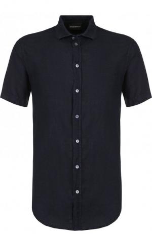 Льняная рубашка с короткими рукавами Emporio Armani. Цвет: темно-синий