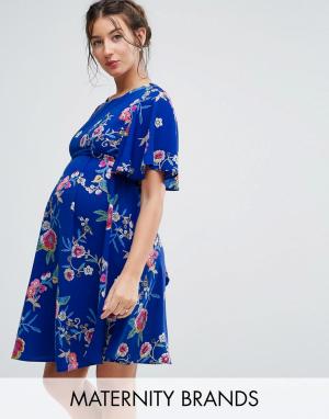 Чайное платье с цветочным принтом и завязкой на спине Maternity Queen Bee. Цвет: синий