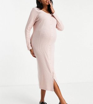 Розовое меланжевое платье миди в рубчик с кнопками спереди -Розовый цвет River Island Maternity