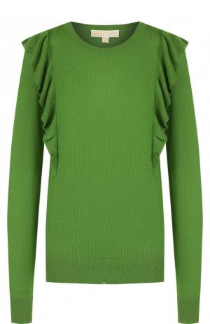 Однотонный пуловер с круглым вырезом и оборками MICHAEL Kors. Цвет: зеленый