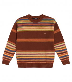 Хлопковый свитер в полоску с логотипом face , коричневый Acne Studios Kids