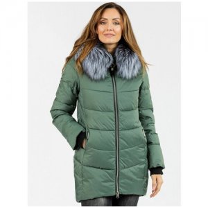 / Куртка женская зима с капюшоном отделка мех Пуховик женский цвет зеленый размер 47 City Classic. Цвет: зеленый