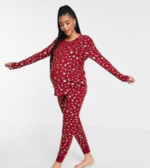 Пижама с лонгсливом и джоггерами из экологичного полиэстера винного цвета со звездным принтом Maternity-Красный Chelsea Peers
