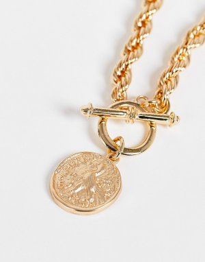 Золотистое массивное ожерелье с Т-образной застежкой и подвеской-монеткой DesignB-Золотистый DesignB London