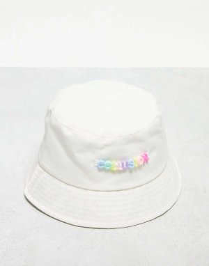 COLLUSION Фестивальная шляпа-ведро унисекс из нейлона белого цвета с фирменным бисером