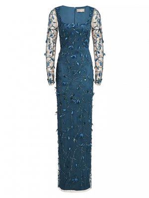 Платье Hera с длинными рукавами и аппликацией в виде лепестков ia, синий THEIA