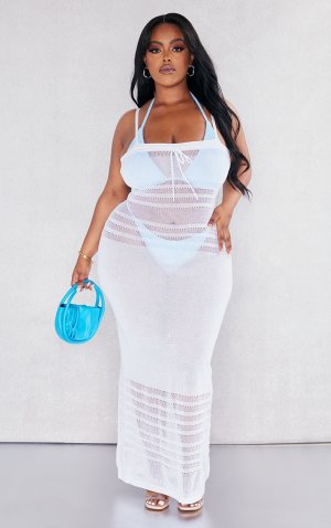 Белое вязаное пляжное платье со сборками и бюстом Plus PrettyLittleThing