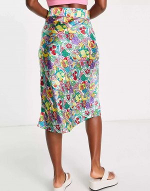 Атласная юбка-комбинация миди с принтом в стиле ретро и разрезом на бедрах Daisy Street