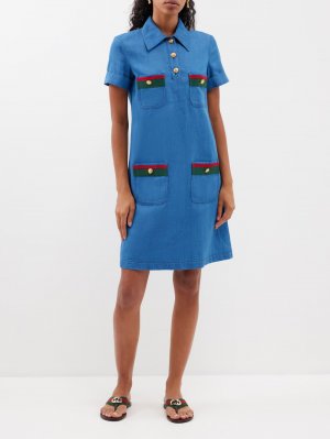 Джинсовое платье-рубашка web stripe , синий Gucci