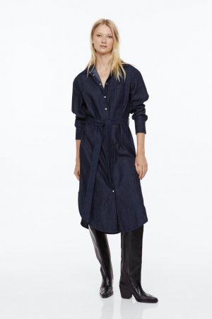 Джинсовое платье-рубашка с завязывающимся поясом , темно-синий деним H&M