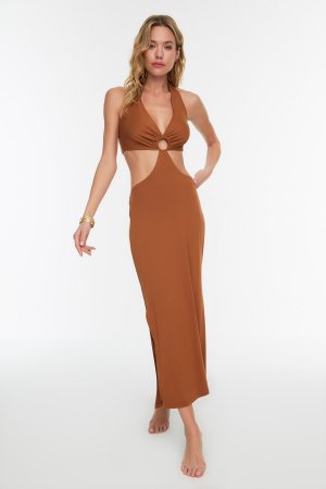 Вязаное пляжное платье светло-коричневого цвета с вырезом и разрезом , коричневый Trendyol