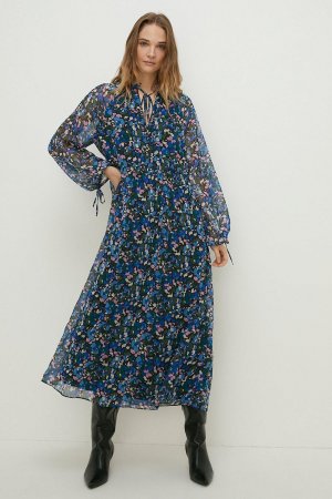 Платье миди с длинными рукавами и плиссировкой из шифона Ditsy, синий Oasis