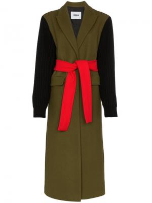 Пальто с поясом и рукавами в рубчик MSGM. Цвет: зеленый