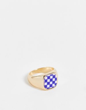 Массивное золотистое кольцо с дизайном в шахматную клетку -Золотистый Monki