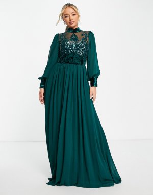 Платье макси изумрудного цвета с длинными рукавами и высоким воротом -Зеленый цвет Goddiva