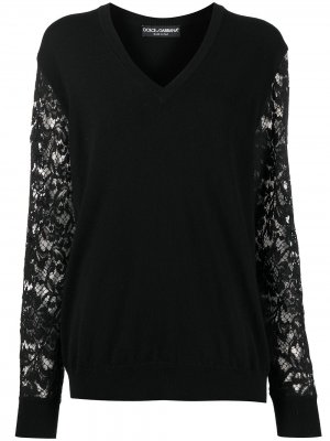 Джемпер с кружевными рукавами и V-образным вырезом Dolce & Gabbana. Цвет: черный