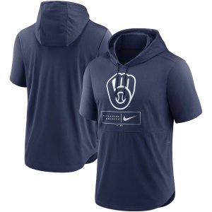 Мужской темно-синий пуловер с капюшоном короткими рукавами и логотипом Milwaukee Brewers Lockup Performance Nike