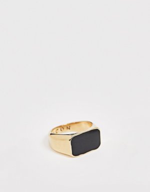 Золотистое кольцо-печатка с прямоугольным черным камнем -Золотой Icon Brand