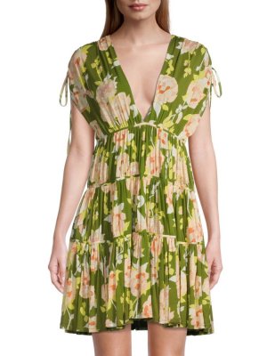 Многоярусное мини-платье с цветочным принтом, зеленый Rebecca Taylor