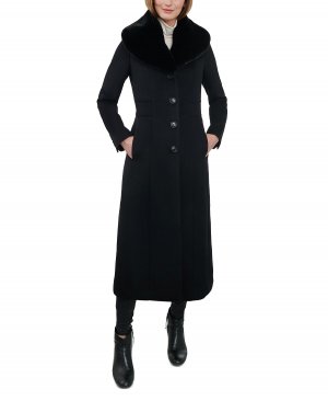 Женское длинное пальто с воротником из искусственного меха , черный Anne Klein