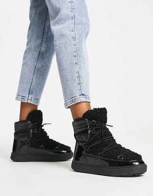 Черные гламурные зимние ботинки Apres с отделкой из искусственного меха Glamorous