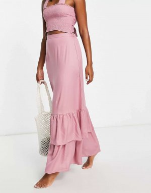 Эксклюзивная пляжная юбка макси Esmee цвета пыльной розы с двойной оборкой по низу Esmée