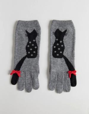 Трикотажные перчатки с кошкой и бантиком Alice Hannah. Цвет: серый