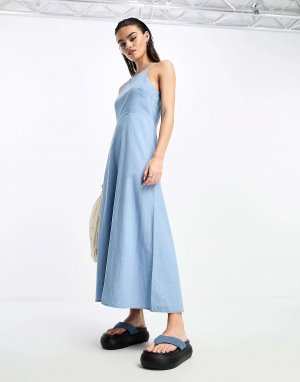 Синее джинсовое платье макси с воротником-халтером Femme Selected