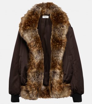 Куртка-бомбер из атласа с отделкой меха без животных SAINT LAURENT, коричневый Laurent