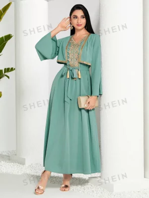 Modely женское арабское платье в стиле пэчворк из тканой ленты с бахромой и длинными рукавами, синий SHEIN