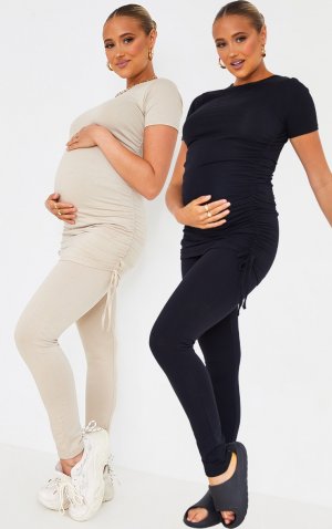 Набор из двух черных леггинсов со сборками и швами для беременных PrettyLittleThing