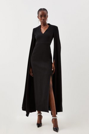 Компактное платье-карандаш миди из компактной эластичной вискозы с рукавами-накидкой , черный Karen Millen