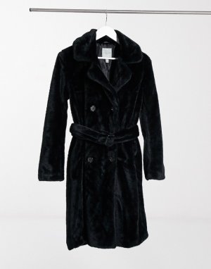 Черное удлиненное пальто из искусственного меха с поясом -Черный Urbancode