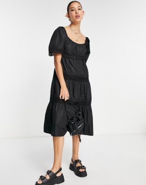 Ярусное платье миди с присборенной юбкой и вышивкой ришелье -Черный цвет Emory Park