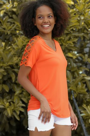 Женская оранжевая повседневная трикотажная блузка большого размера с v-образным вырезом и низкими рукавами из вискозы рюшами , оранжевый Chiccy