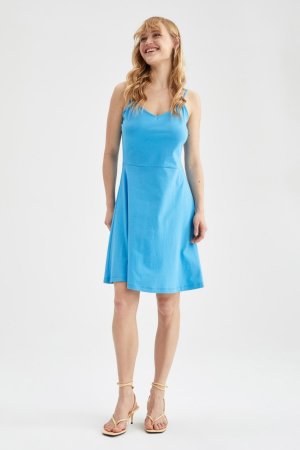 Летнее мини-платье из 100% хлопка с V-образным вырезом и бретельками , синий DeFacto