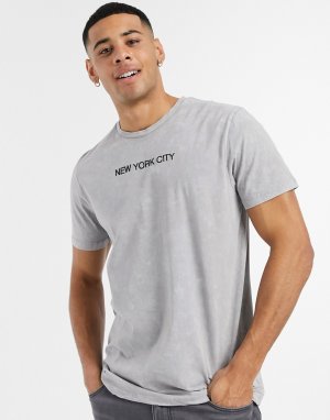 Серая выбеленная футболка с принтом NYC-Серый Burton Menswear