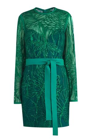 Яркое платье из гипюра в изумрудном оттенке с мерцающими пайетками ELIE SAAB. Цвет: зеленый
