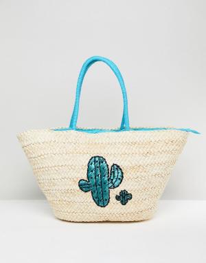 Соломенная пляжная сумка с принтом кактусов South Beach. Цвет: мульти