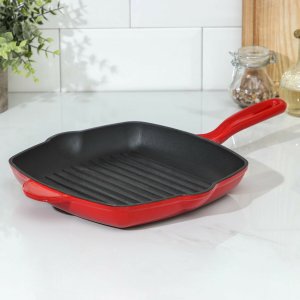 Сковорода-гриль чугунная red, 27×5,5 см, с 2 сливами, пластиковая ручка, цвет красный No brand