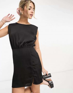 Черное атласное мини-платье с подплечниками Gilli
